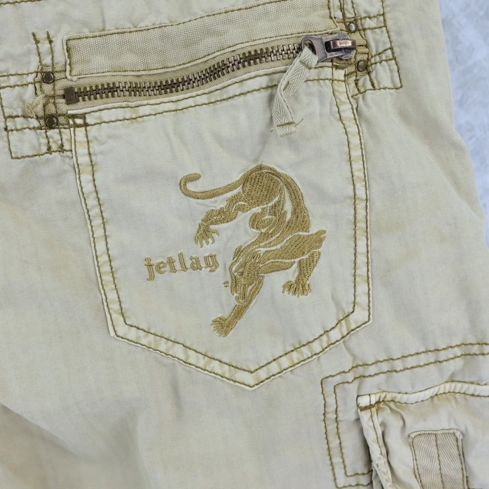 Jet Lag Cargo Shorts Mens 38 Tan Distressed Gorpcore Vintage Y2K Streetwear Belt